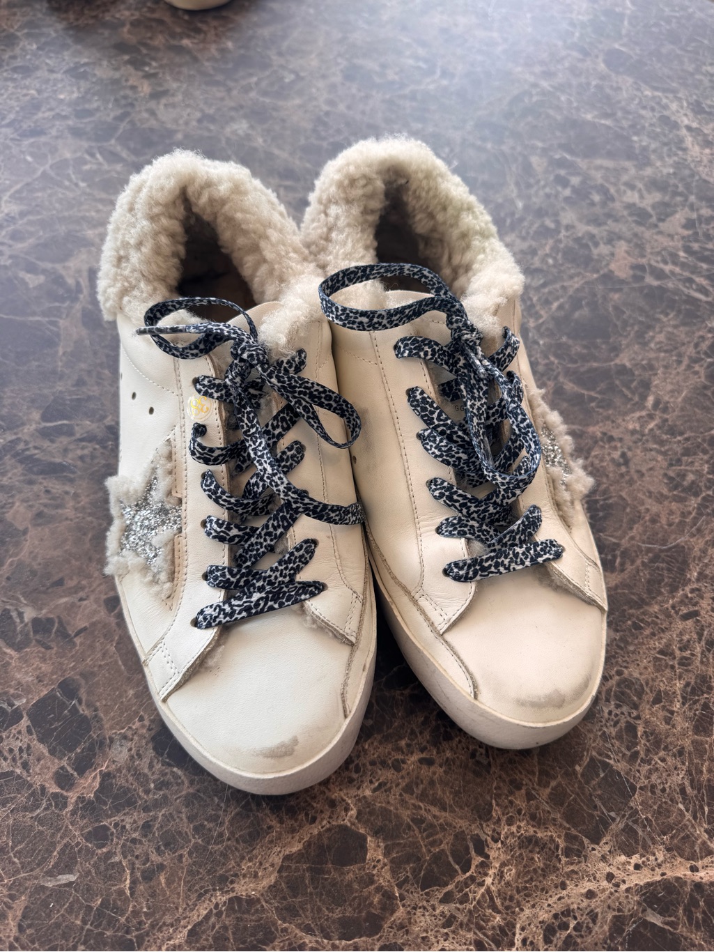 Golden Goose Cream Shearling-Lined Star Sneakers With Patterned Laces